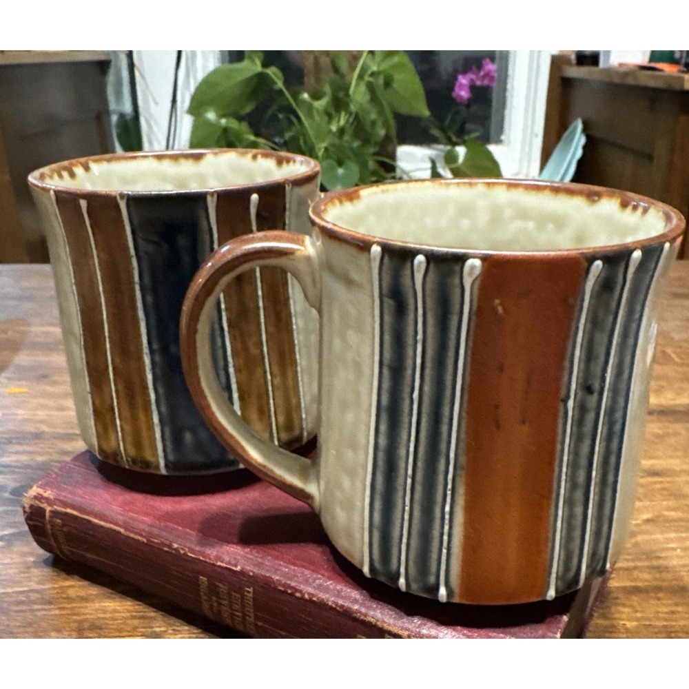 Vintage 70's Striped Glazed Art Pottery Coffee Mug Hand Painted